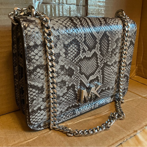 Michael Kors Pearl Gray multi long chain shoulder embossed leather purse. - Picture 3 of 7